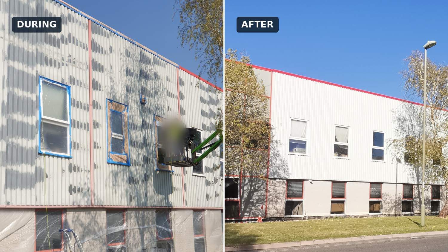 Metal cladding respray on a two-storey commercial building – operative spraying from a MEWP and the finished white cladding – Fixidea Coatings Ltd