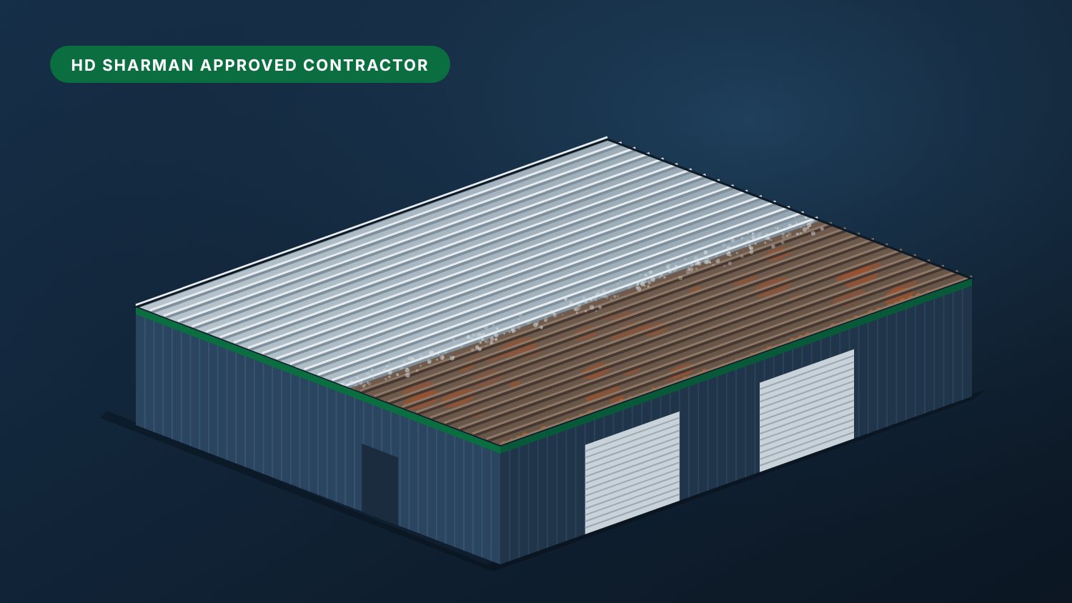 Illustration of a commercial metal roof part-way through a coating system