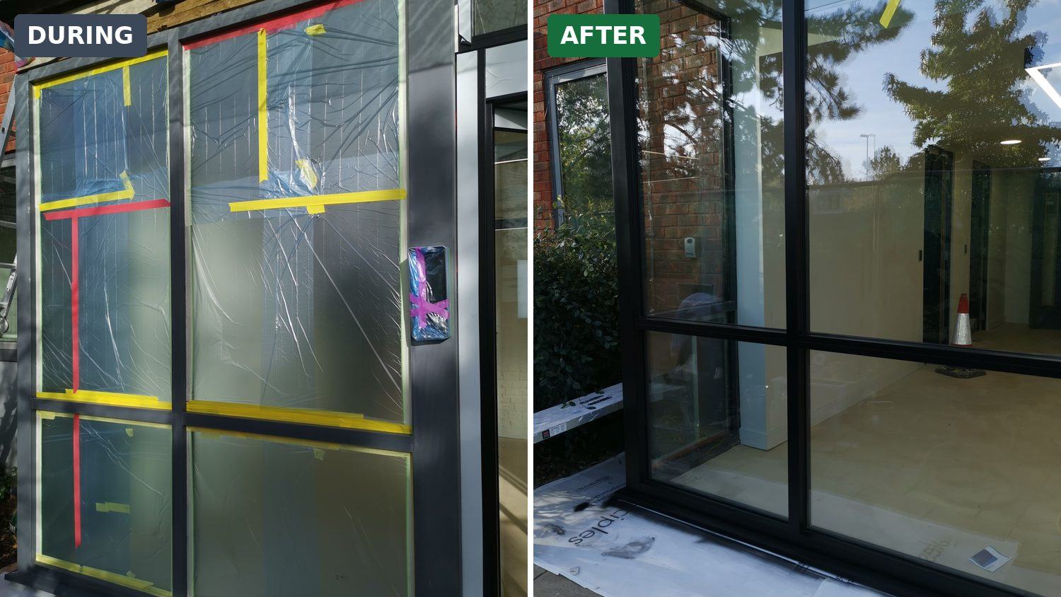Office front glazing frames masked for spraying and finished in black during a re-fit – Fixidea Coatings Ltd
