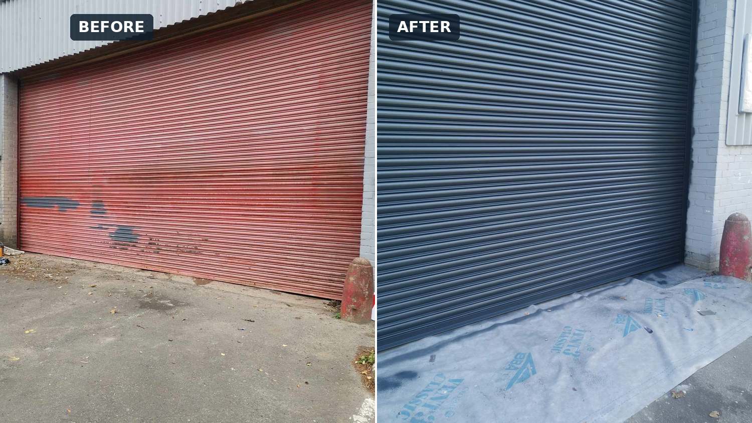 Industrial roller shutter before and after respray – faded red shutter resprayed in RAL grey on site by Fixidea Coatings Ltd