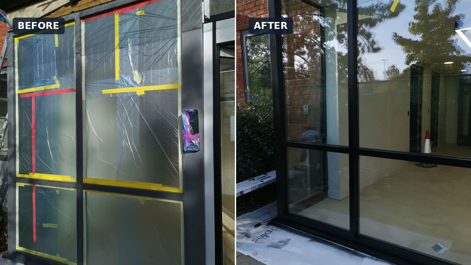 Shop front window frames before and after on-site respray – masked frames and finished black frames, Fixidea Coatings Ltd